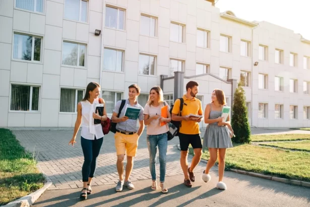 free time students bachelor s campus life rhythm five friendly students are walking scaled 1
