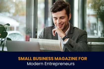 Entrepreneurs reading business magazine