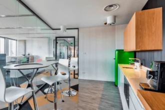 Modern Office Kitchen Area with Sink and Coffee Machine