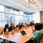 A dozen people holding a meeting in a large conference room, around a long table.