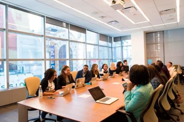 A dozen people holding a meeting in a large conference room, around a long table.