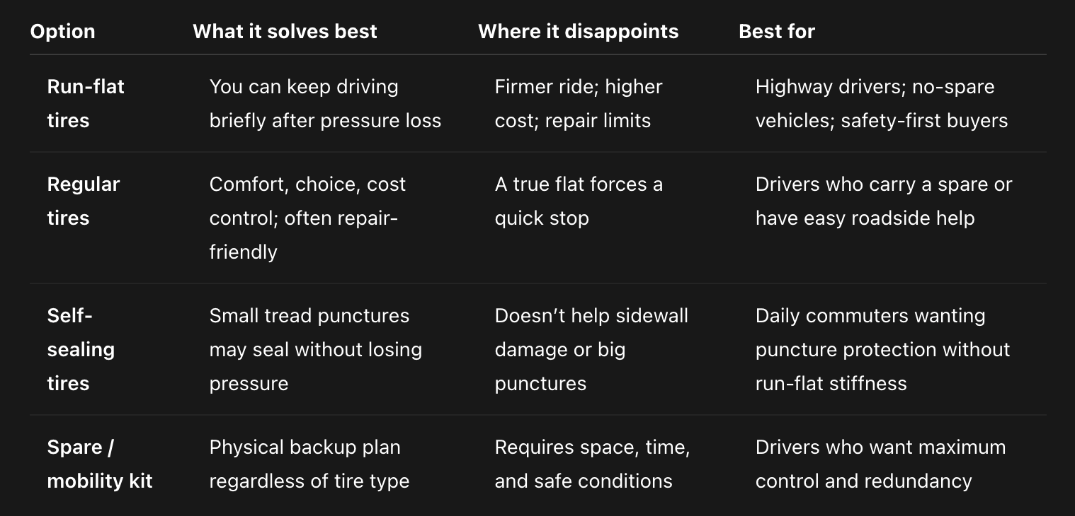 Run flat vs regular vs self sealing vs spare kit Run flat vs regular vs self sealing vs spare kit